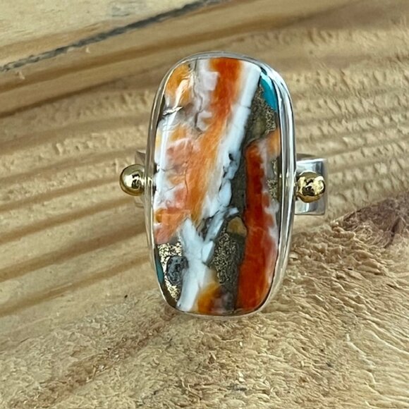Sterling Silver 925 Brass Ring Oyster Copper Turquoise Modern Chunky Size 8 - Picture 2 of 7